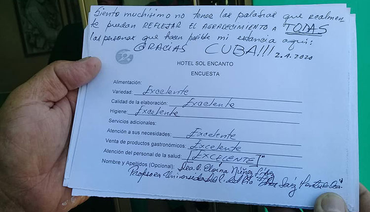 “Cada noche grito a viva voz, Cuba Salva” Testimonio de reconocimiento al hotel Sol Encanto por su excelente atención