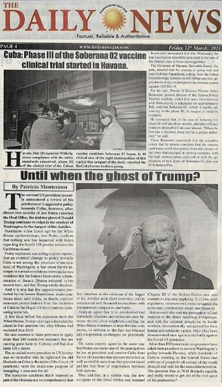 Diario gambiano dedica página completa a vacuna cubana Soberana 02 y política hostil de EE.UU. Diario gambiano Daily News.
